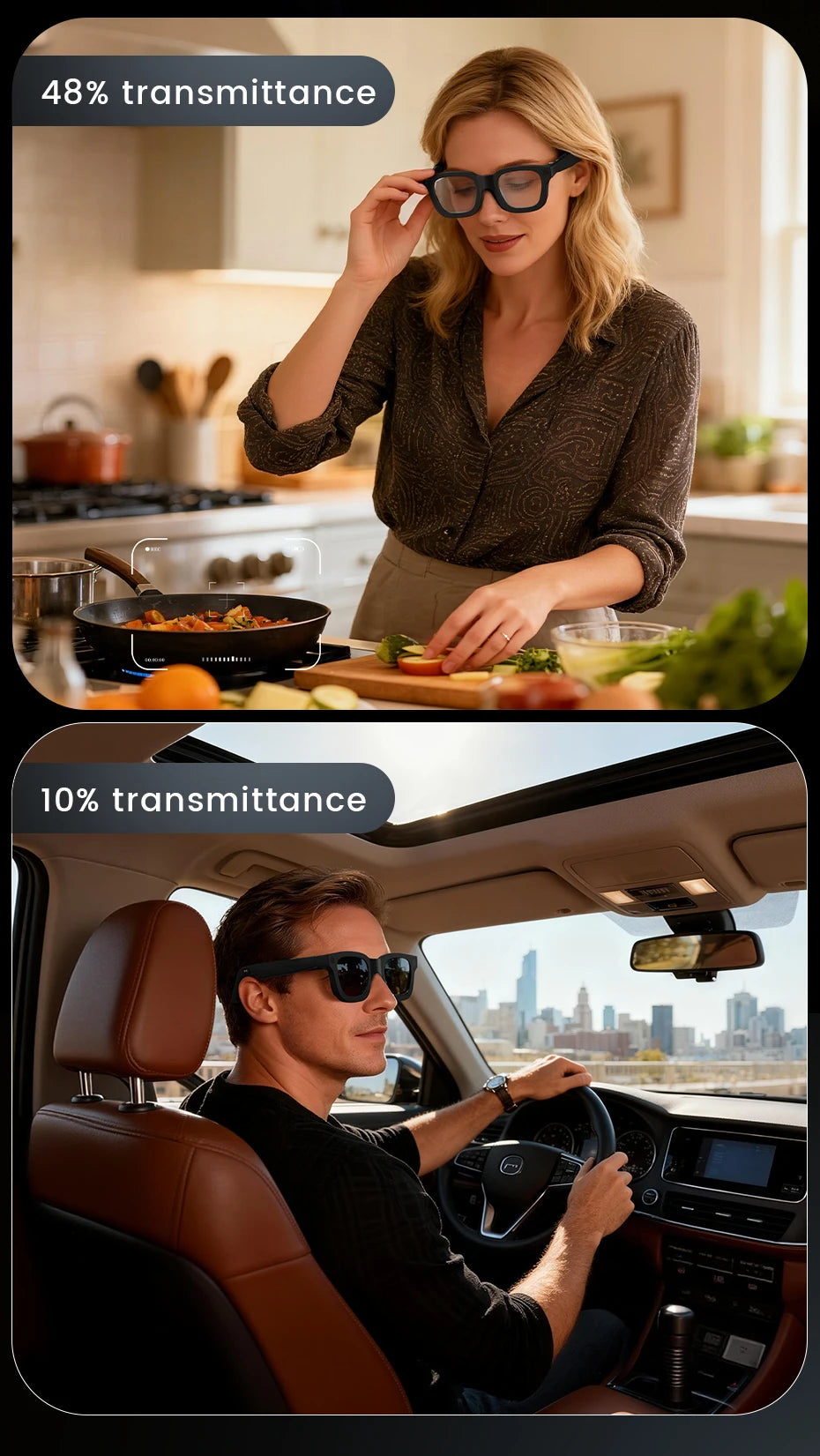 Inteligentné okuliare 2026 HD foto video OpenAI nahrávanie preklad dotykové fotochromatické šošovky Bluetooth hovory hudba multifunkčné okuliare