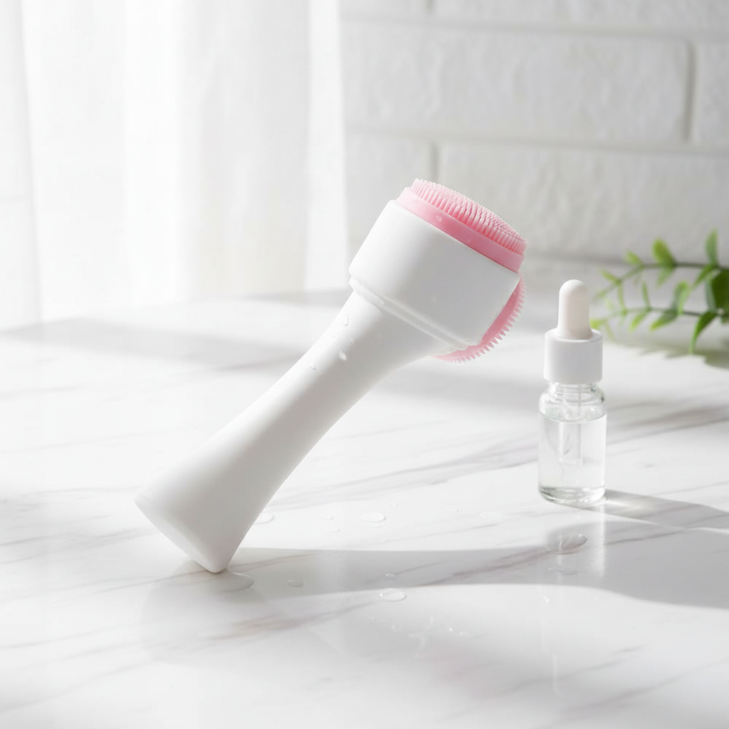 White silicone facial cleansing brush with pink bristles beside a small dropper bottle on a marble surface